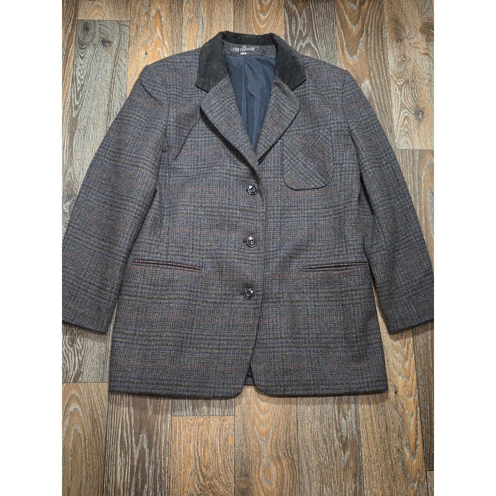 JL Colebrook Mens Wool Tweed Blazer Brown Blue Plaid Velvet Collar Sport Coat L